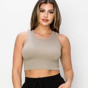 Yelete Khaki Women's Ribbed High Neck Cropped Tank Top (M/L)